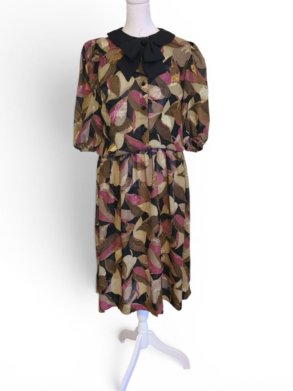 Vintage 80s Whimsigoth Collar Bow Pink Black Brown Button Up Goth Midi Dress